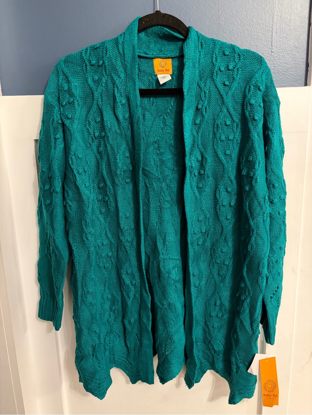 Ruby Rd. Women's Open-Front Cable-Knit Cardigan Vibrant Teal Size Medium NWT